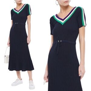 Sandro Navy Midi Knit Dress with Contrast Ribbon Detail